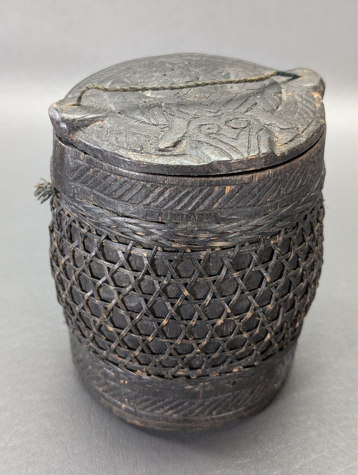 Cylindrical Bamboo Container With Lid Possibly Borneo