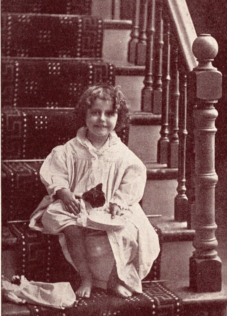 c1909 Curly Hair Girl Feeds Cat On Steps GOOD MORNING Sweet ANTIQUE Postcard
