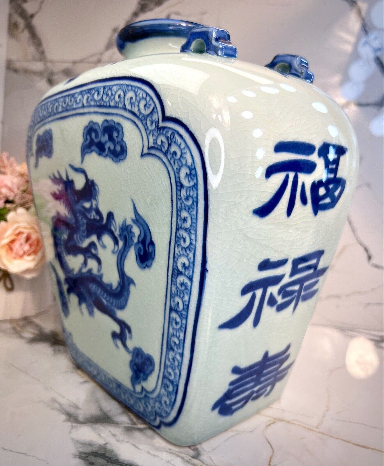 Rare Antique Chinese Dragon Blue & White Cobalt Vase 10” Stunning Old Porcelain
