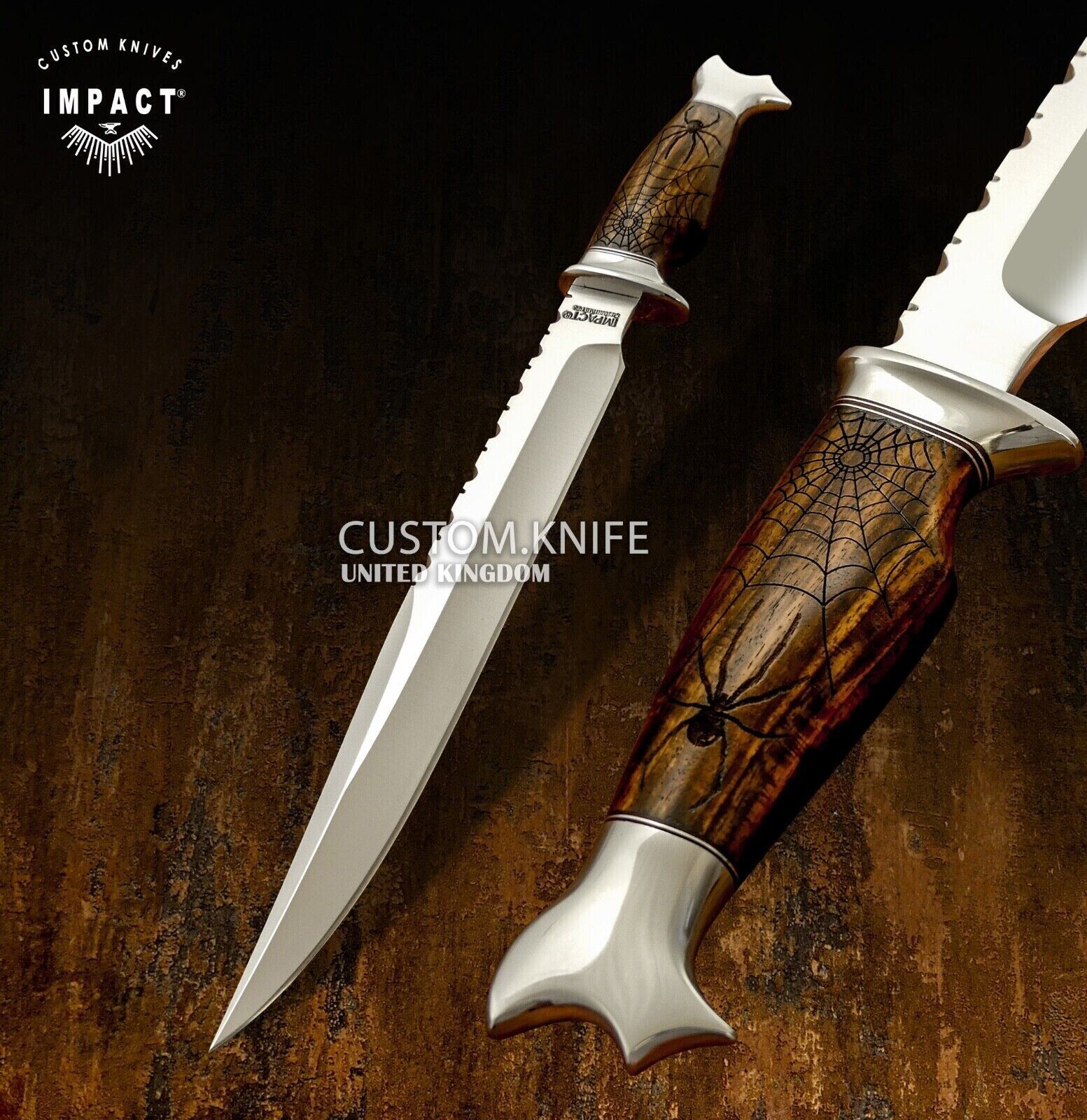 IMPACT CUTLERY CUSTOM HUNTING BOWIE KNIFE ENGRAVED BURL WOOD HANDLE- 1645