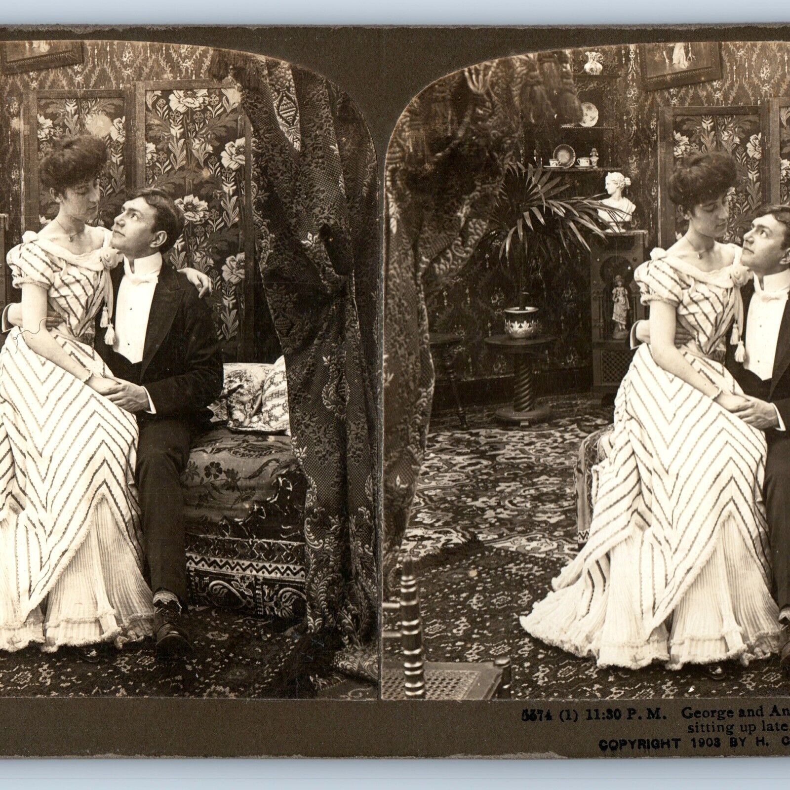 1903 Cute Young Couple Woman Pompadour Fancy House Interior Stereoview Photo V32