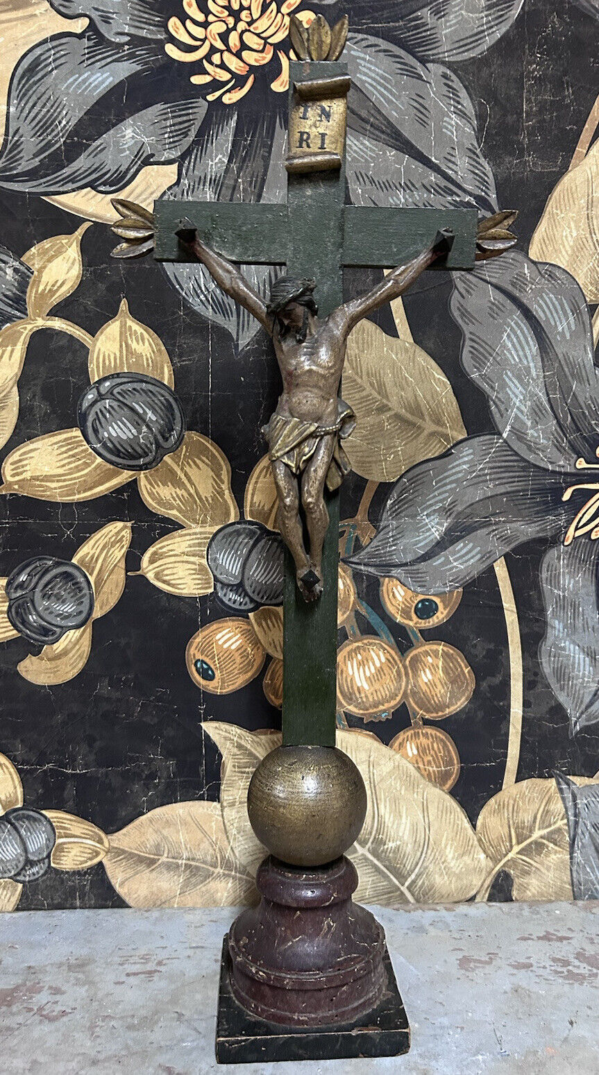 60cm Christ Crucifix Cross Golden Wood Painted 18th Century Patina Church High Era