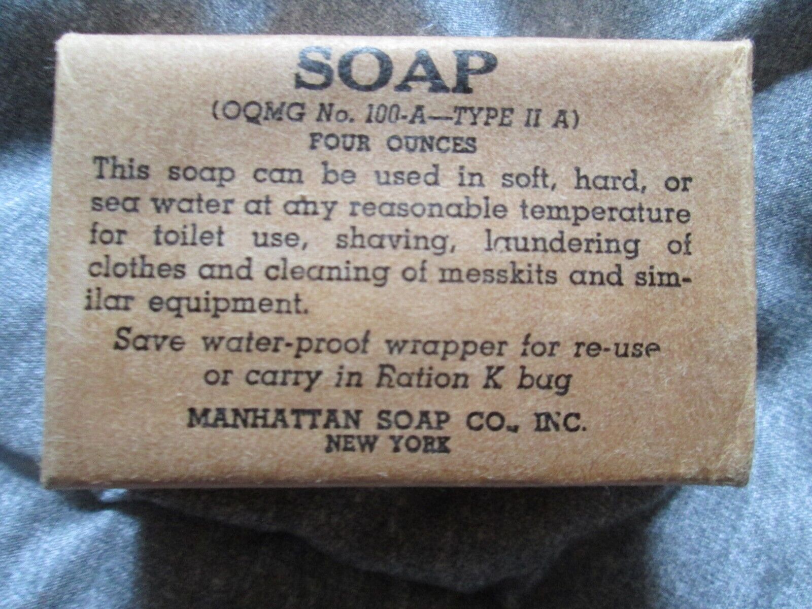WW2 USGI Soap, Unopened in wax wrapper soldiers personal item Type II 4 OZ bar
