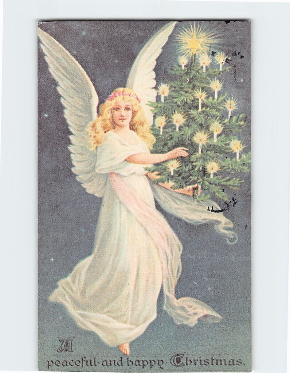 Postcard A Peaceful & Happy Christmas Angel & Candlelit Tree
