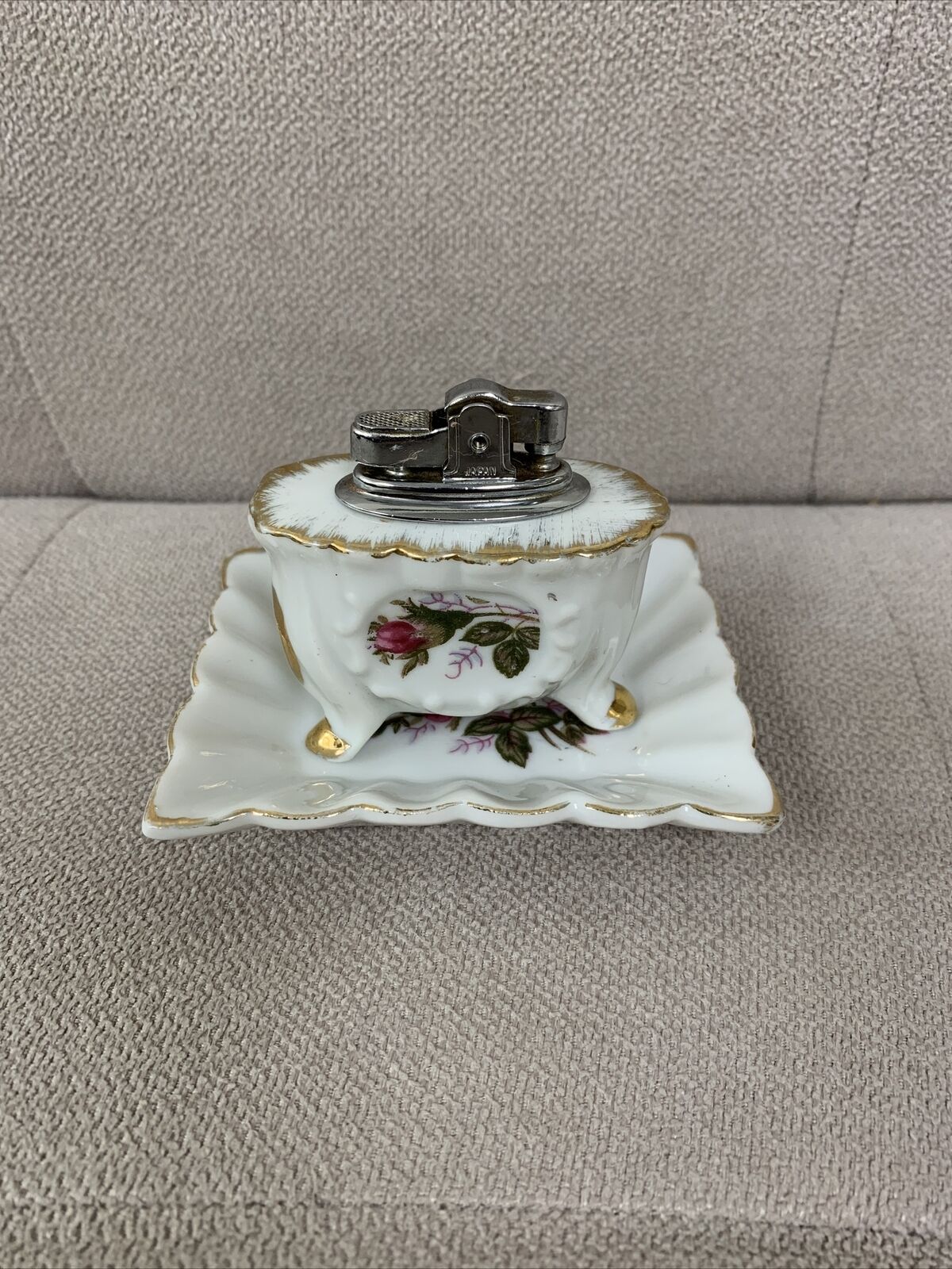 Antique Porcelain Table Lighter - Flower Design With Plate