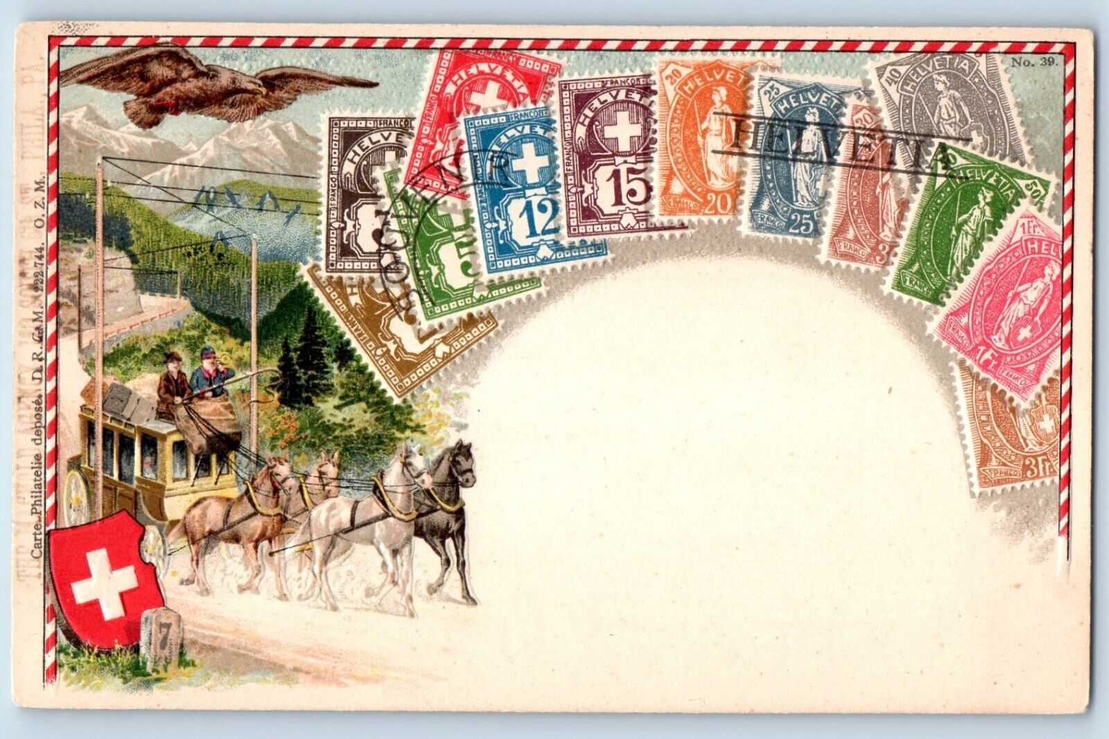 Switzerland Postcard Stamp Collage Horses Carriage Embossed c1910\'s Antique