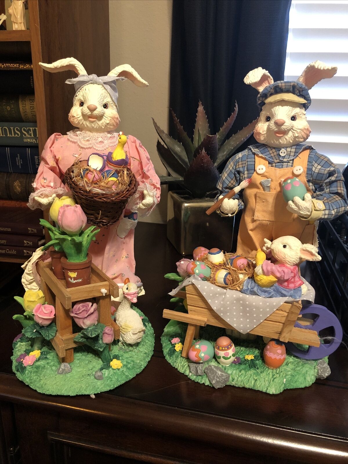 Mr. & Mrs. Easter Bunny Fabric Mache Hand painted Figurines in Original Box