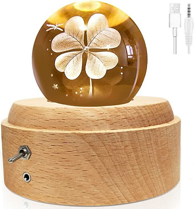 Music Box [Carrying you] Crystal Ball 3D 4 Leaf Clover LED Lamp Projection JAPAN