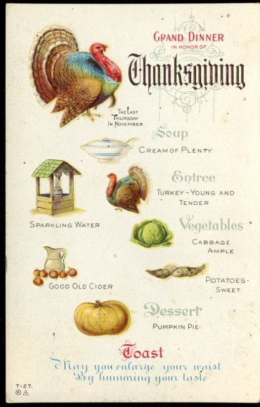 Antique Postcard Thanksgiving Turkey Grand Dinner Menu Gold Embossed 1910