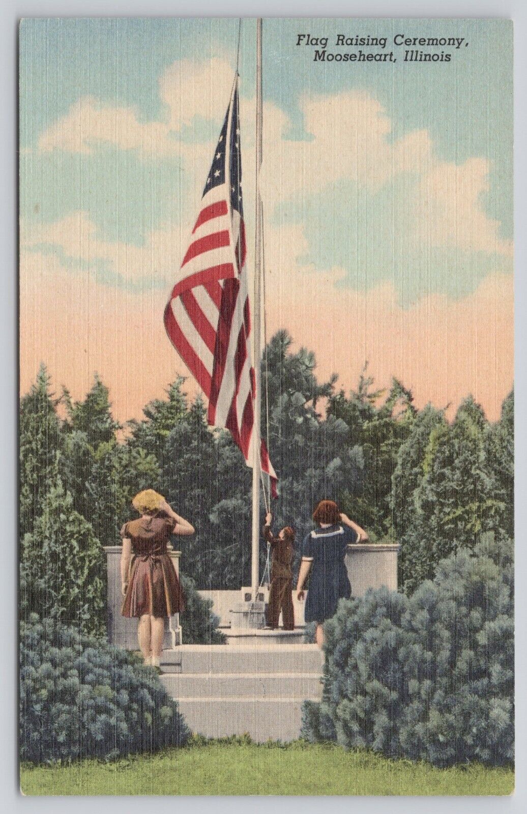 Mooseheart Illinois IL Flag Raising Ceremony Girls Saluting 1945 Linen Postcard