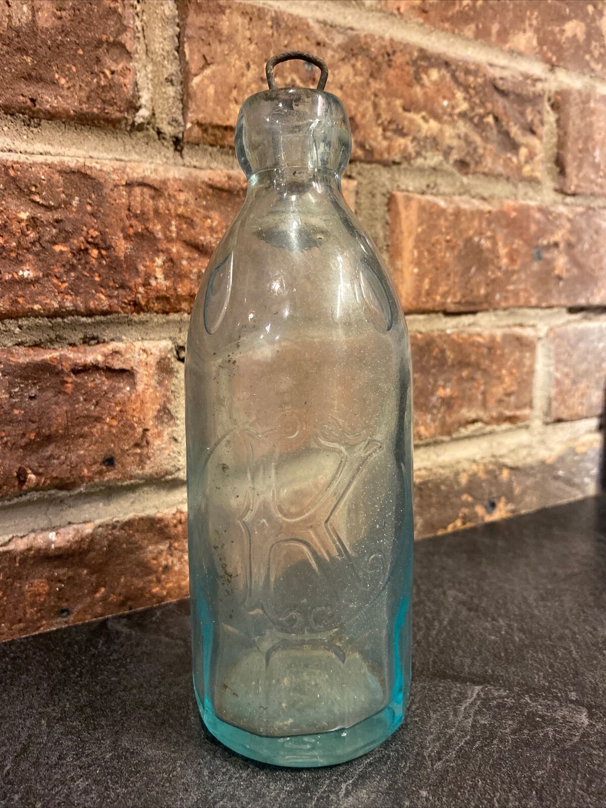 RARE 1800s Aqua Blue Antique Blob Top Soda Pop Bottle W/ Bubbles & Stopper