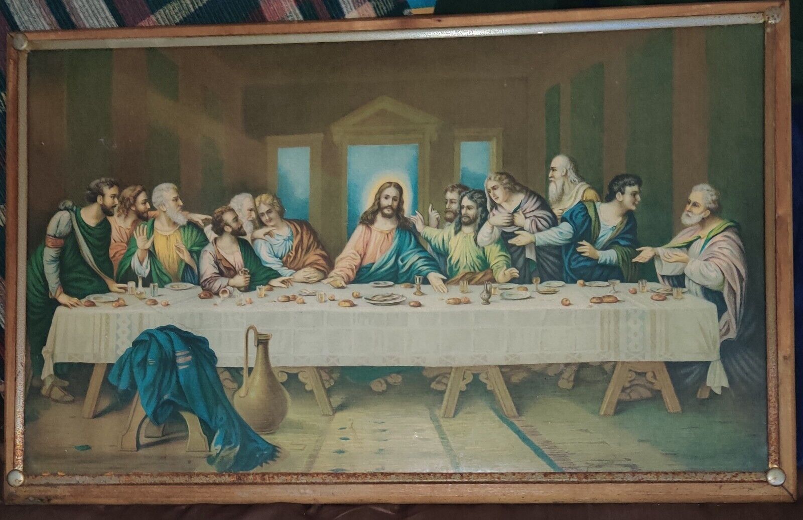 Antique 1920s Last Supper Lithograph Wood Frame Old World Decor 21