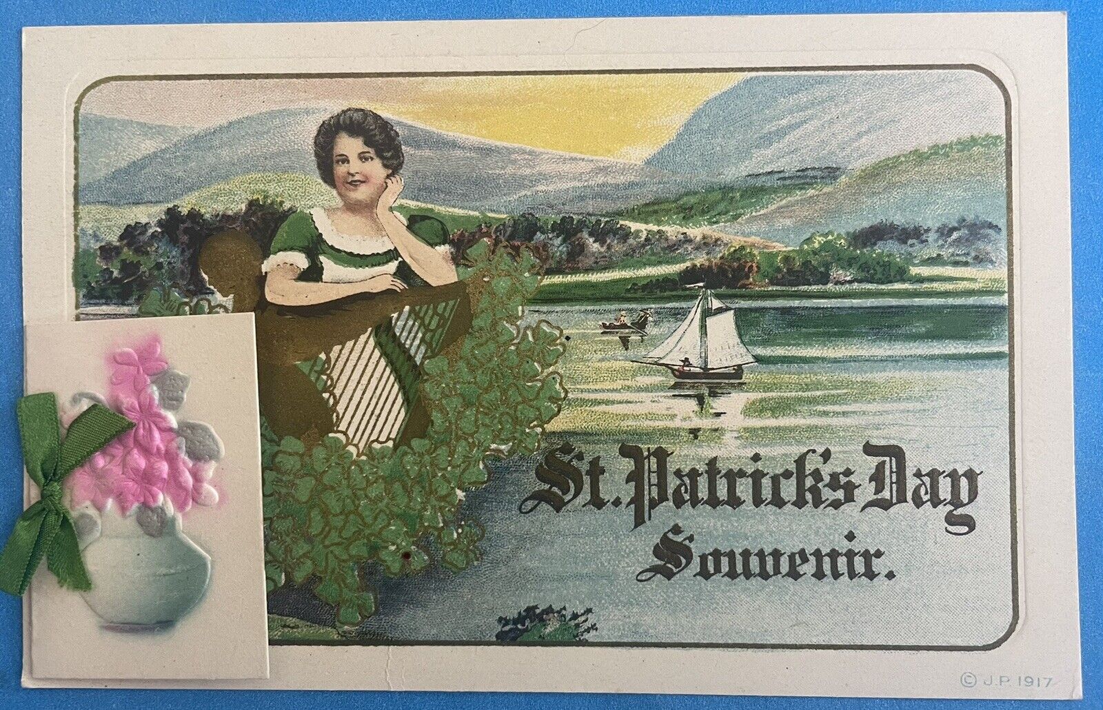 Vintage 1917 St. Patrick’s Day Souvenir Postcard with 3D Gift Tag Ribbon Flowers
