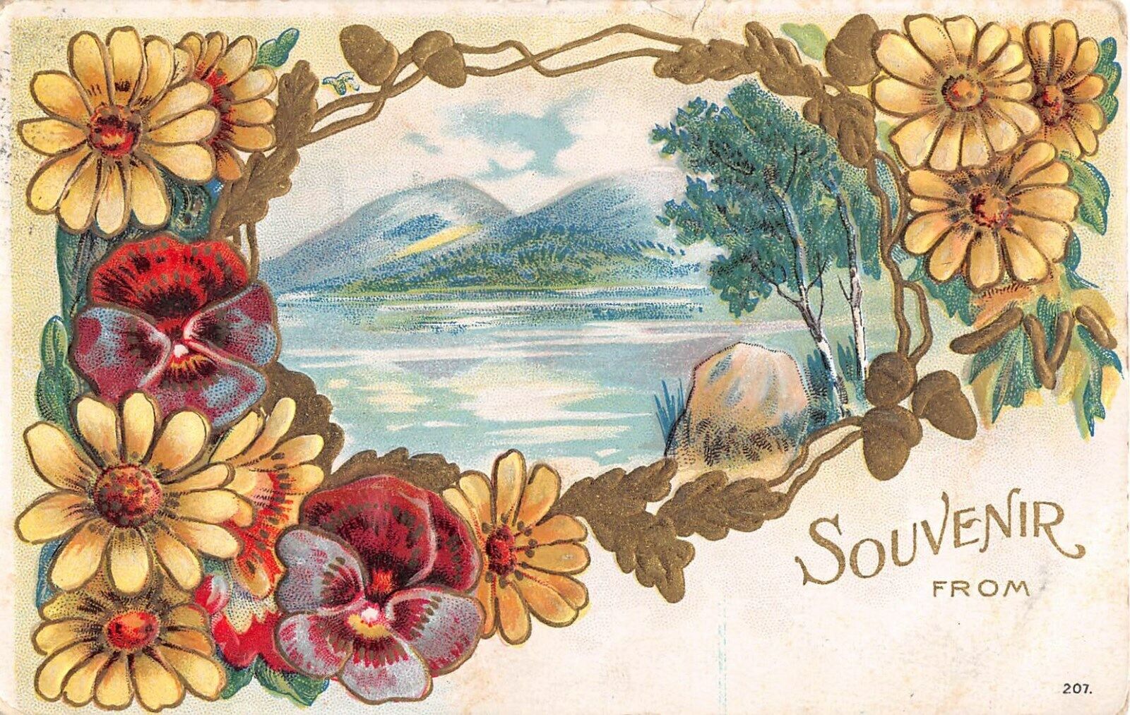 1910 Souvenir PC of Pretty Pansies & Daisies Around Scene of Mountains & Lake