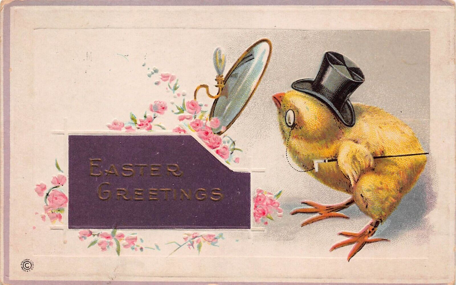 Antique Steampunk Easter Chick Monocle Silk Black Top Hat Mirror Vtg Postcard W4