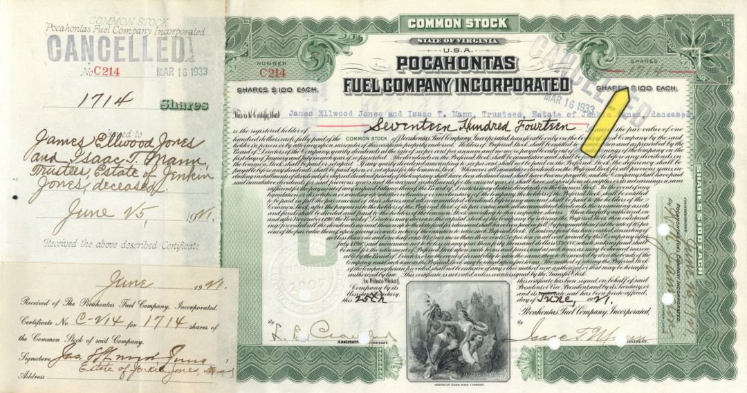 1,714 Shares of Pocahontas Fuel Company Inc. - 1921 dated Stock Certificate - Hi