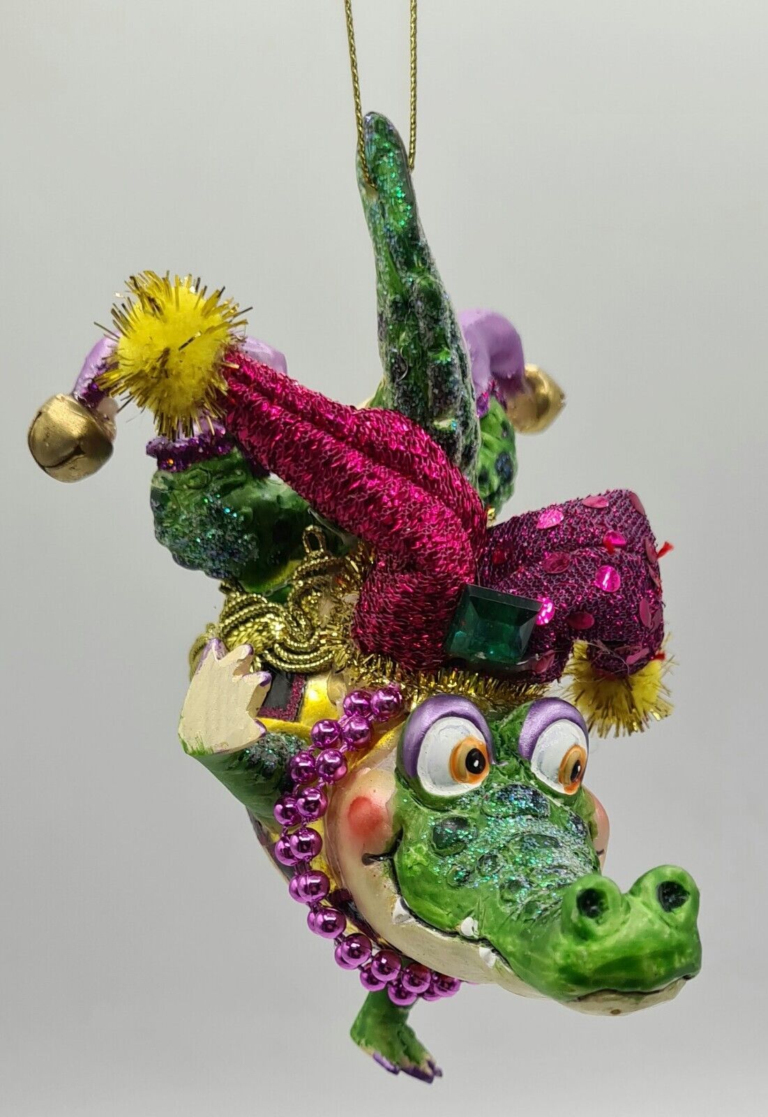 Mardi Gras Jester Alligator Purple Green Gold Resin Fabric Ornament 5\