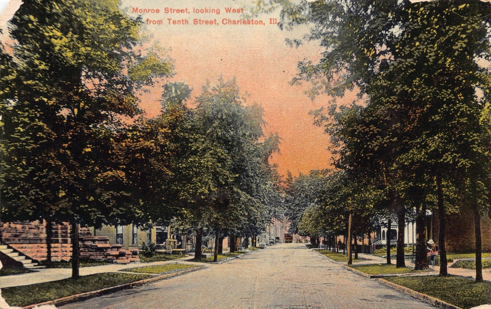 IL~ILLINOIS~CHARLESTON~MONROE ST LOOKING WEST FROM TENTH ST~MAILED 1909 (DAMAGED