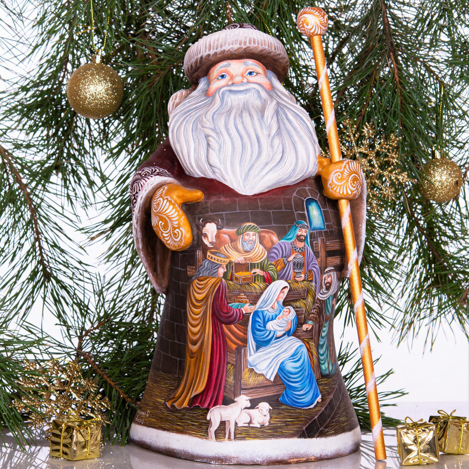 Hand carved wooden Santa Claus figurine Nativity Scene Exclusive Christmas gift