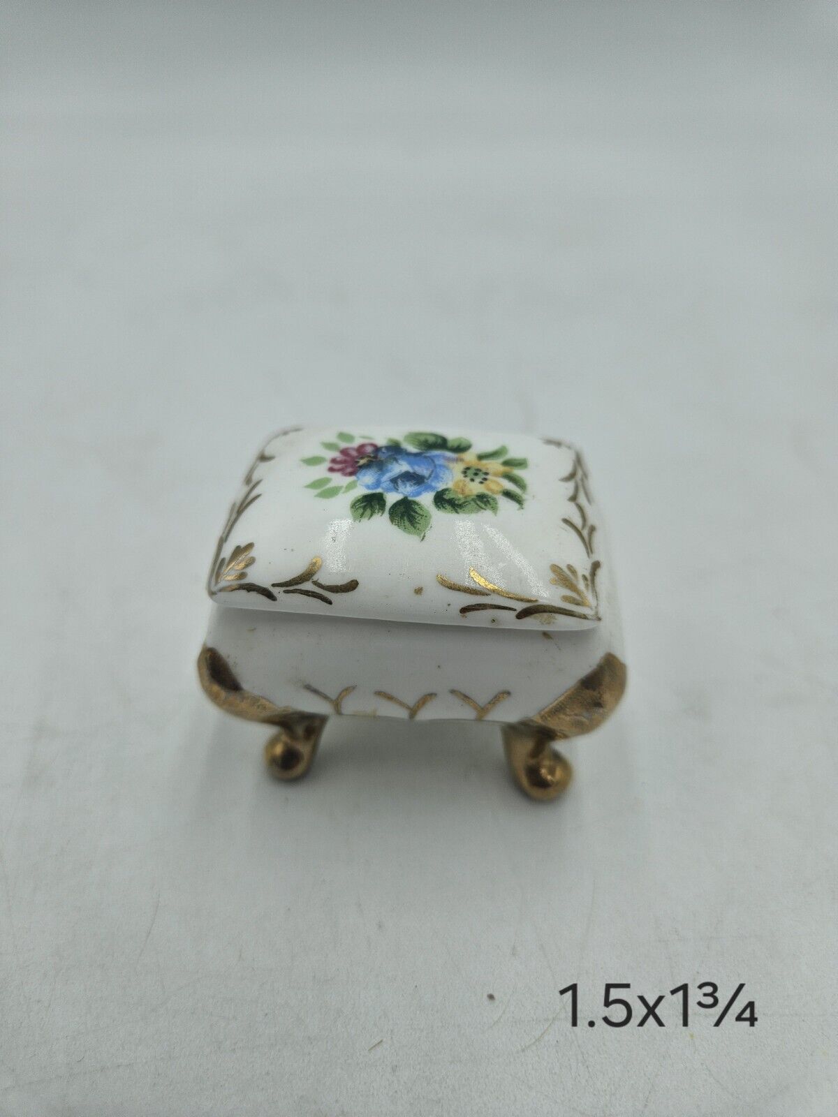 Vintage Porcelain Mini Trinket Box Floral Footed Gold Paint 1.5