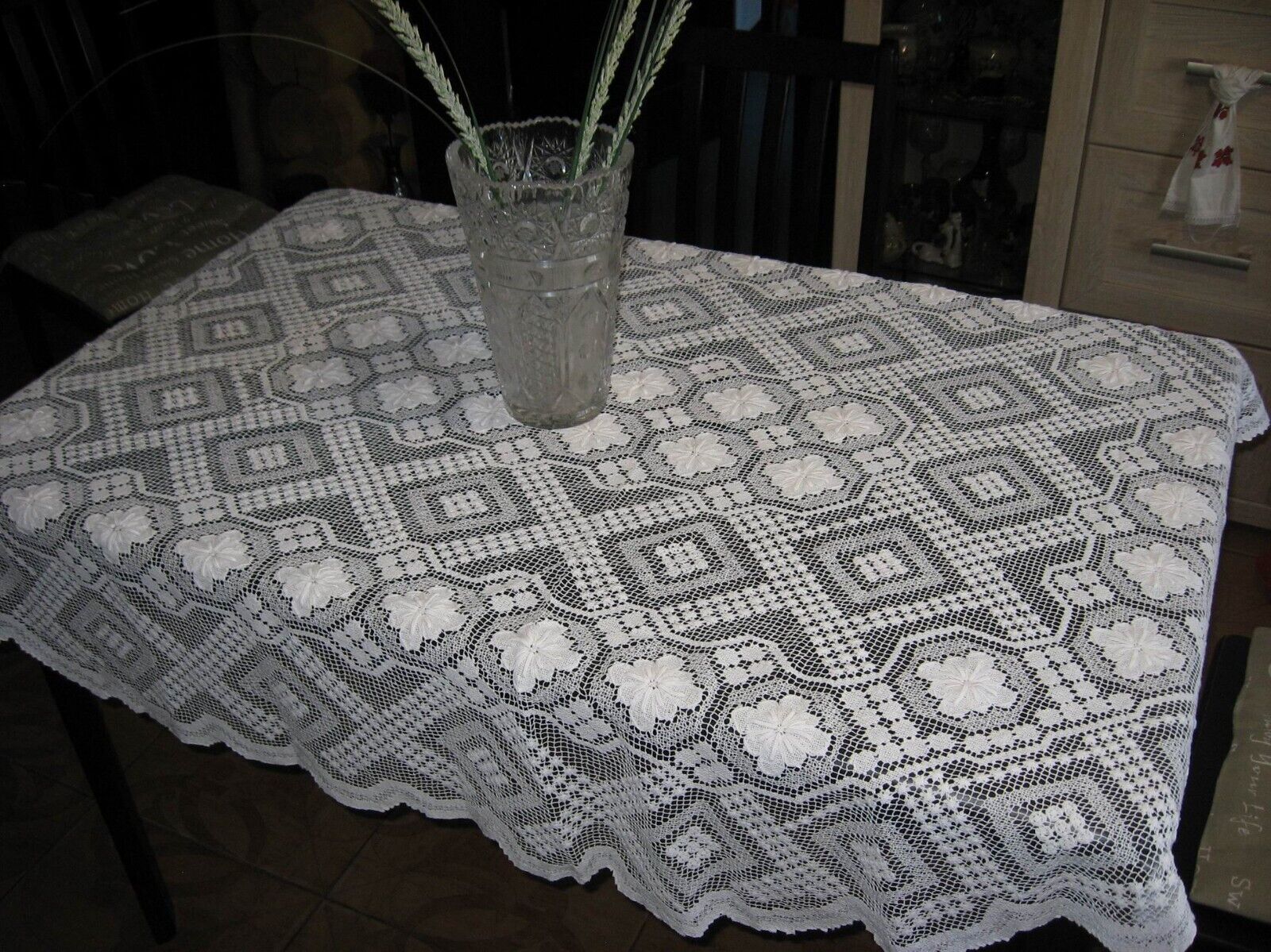 Antique Large gorgeous openwork tablecloth, Needle lace, handmade RRR  am