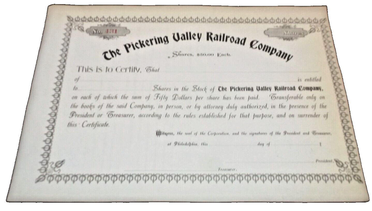 1905 PICKERING VALLEY RAILROAD READING COMPANY UNISSUED STOCK CERTIFICATE