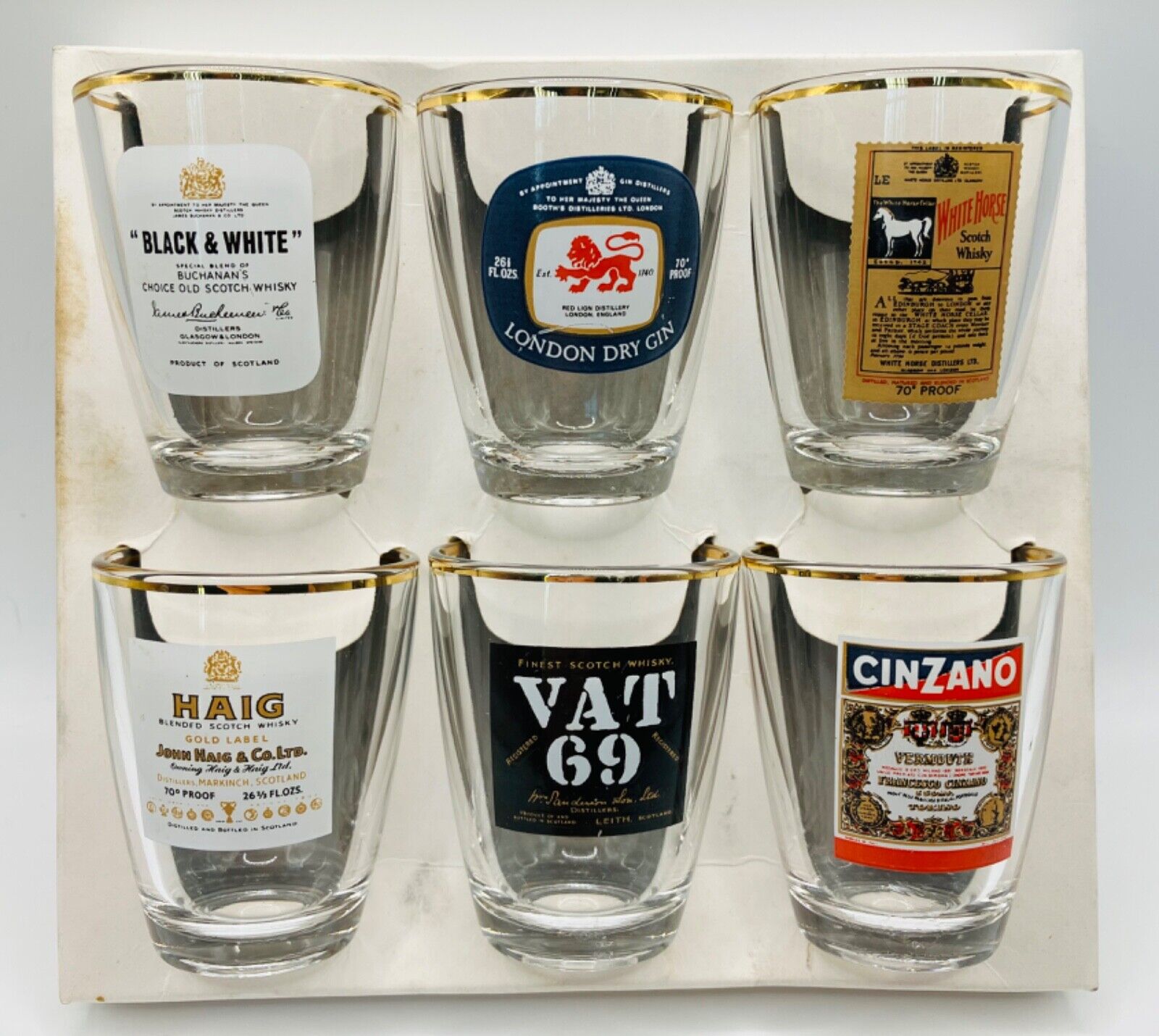 Six Branded Scotch Whisky, Gin and Cinzano Shot / Liqueur Glasses