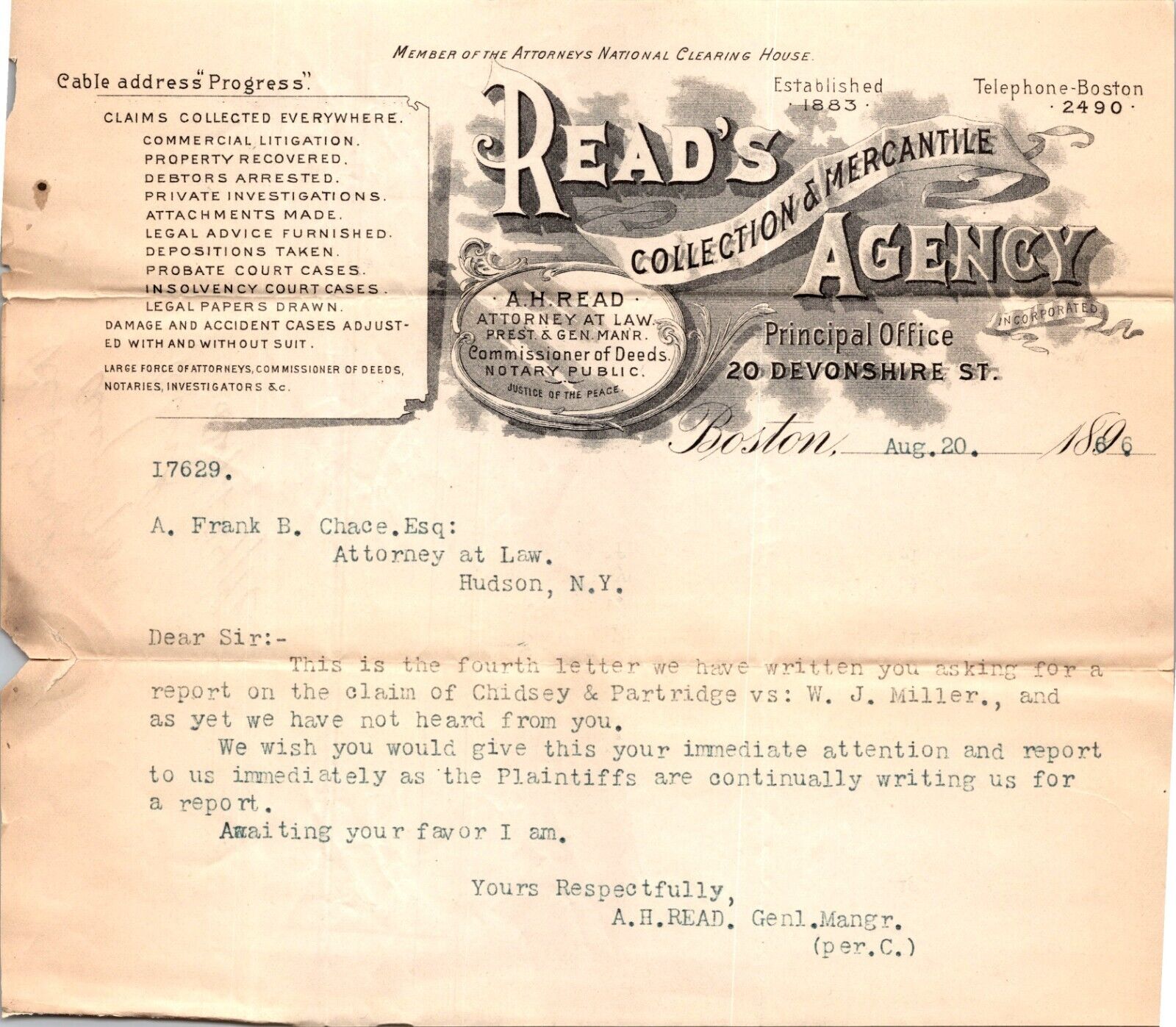 Read\'s Agency Boston MA 1896 Letterhead Collections & Mercantile