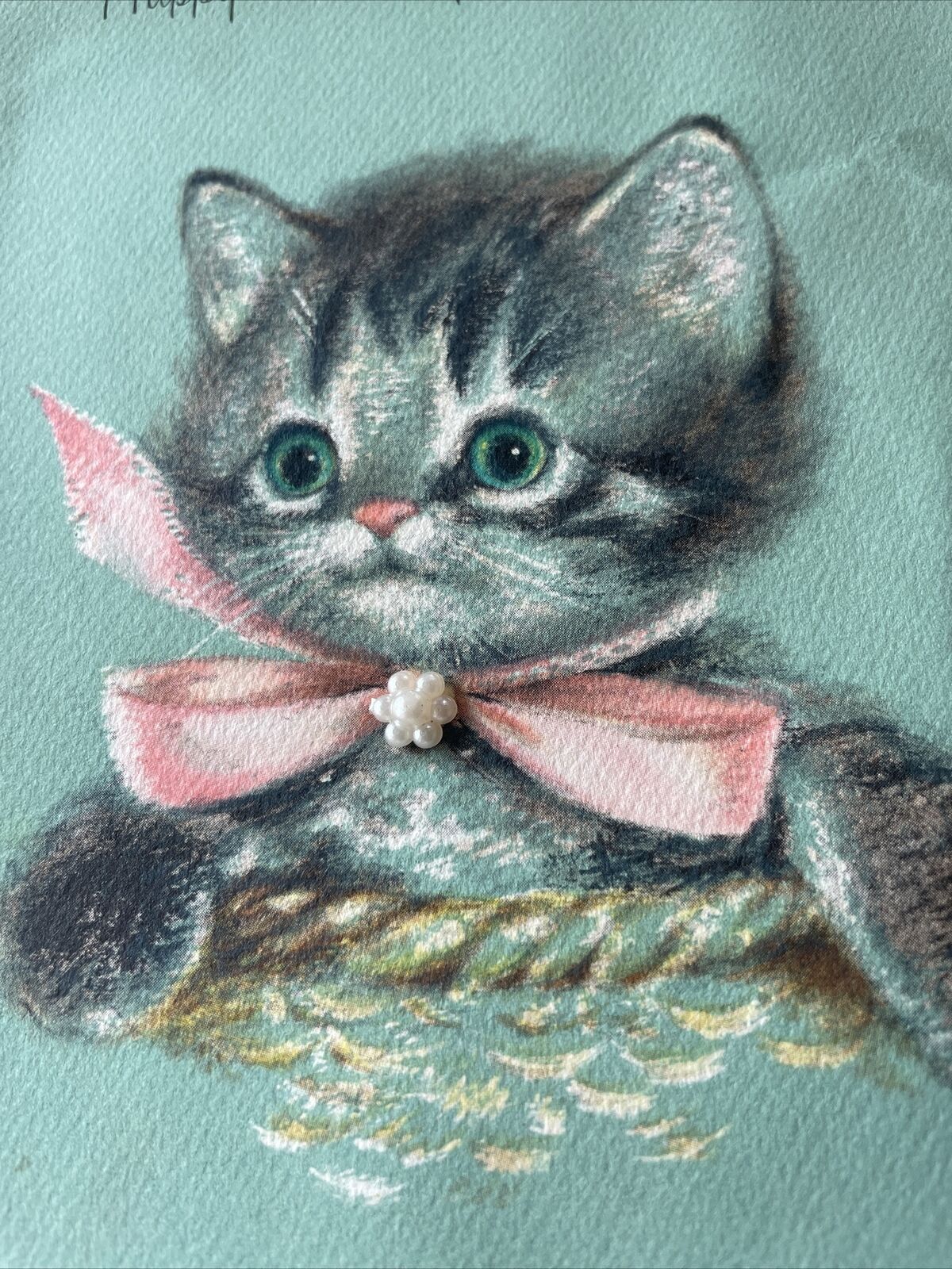 Vtg Birthday Card Kitten Face Hallmark Gray Tabby Green Eyes 3D Pearl Collar