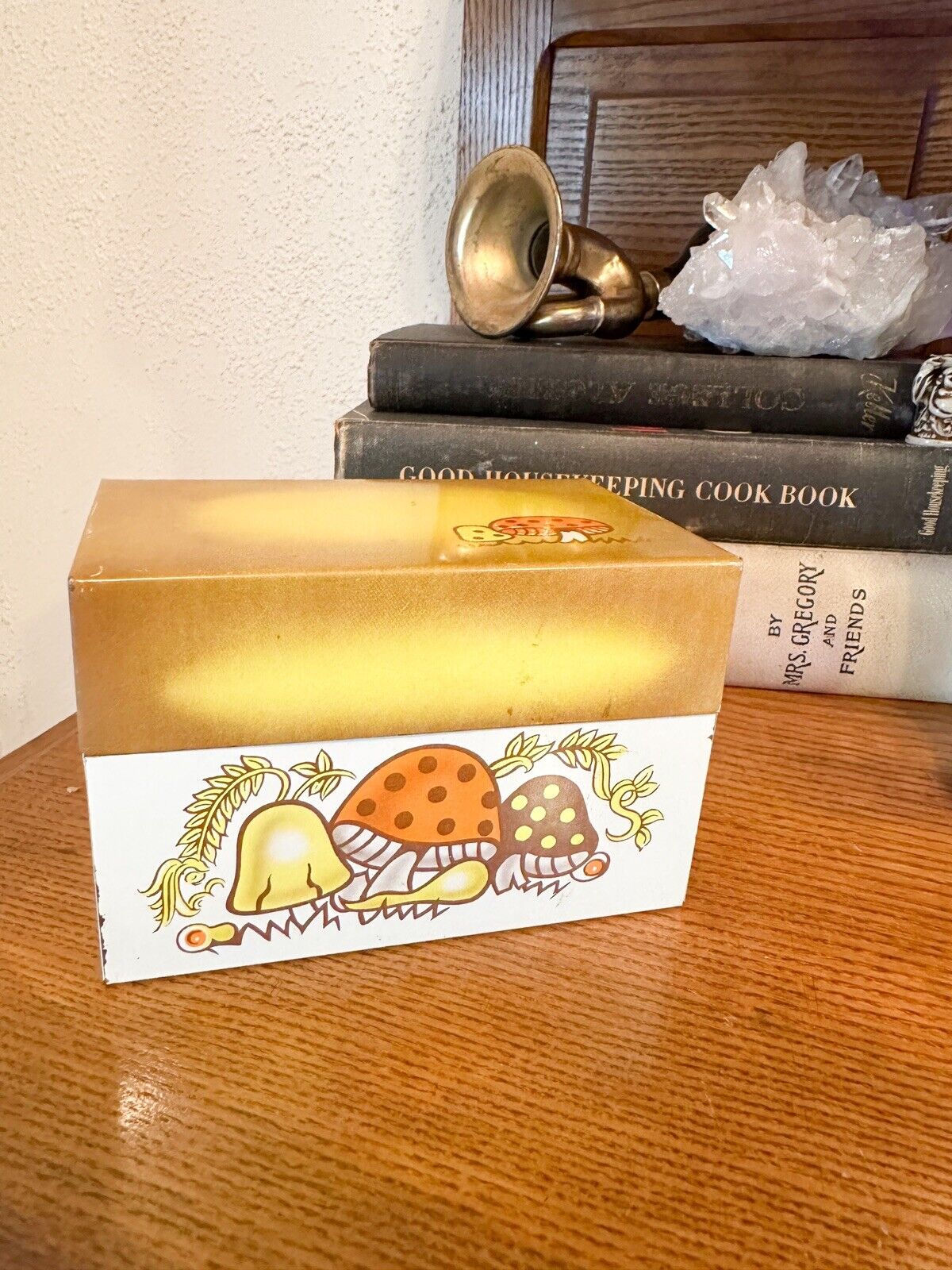 Vintage MERRY MUSHROOM Recipe Box Metal Tin With Letter Index Boho Yellow Orange