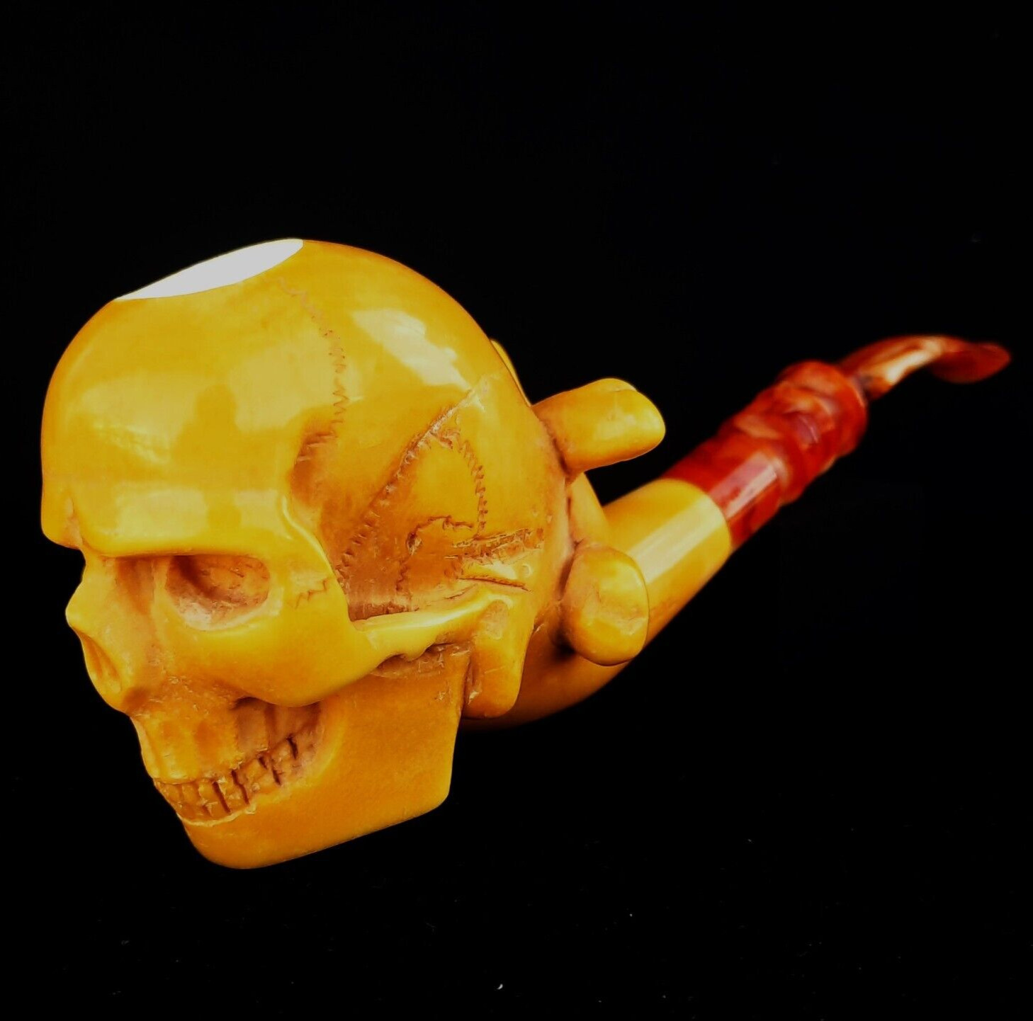 MASTER KENAN Handcarved Skull Meerschaum Pipe, Carved Turkish Smoking AGM-1595
