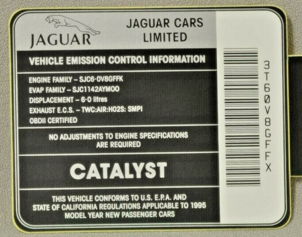 Jaguar 1995 V12 6.0  Emission Control Sticker. Genuine   NEW