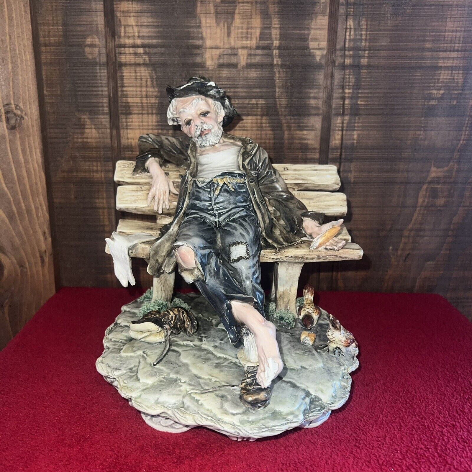 Signed Vintage Italian Capodimonte Style Figurine Hobo Tramp Man on a Bench