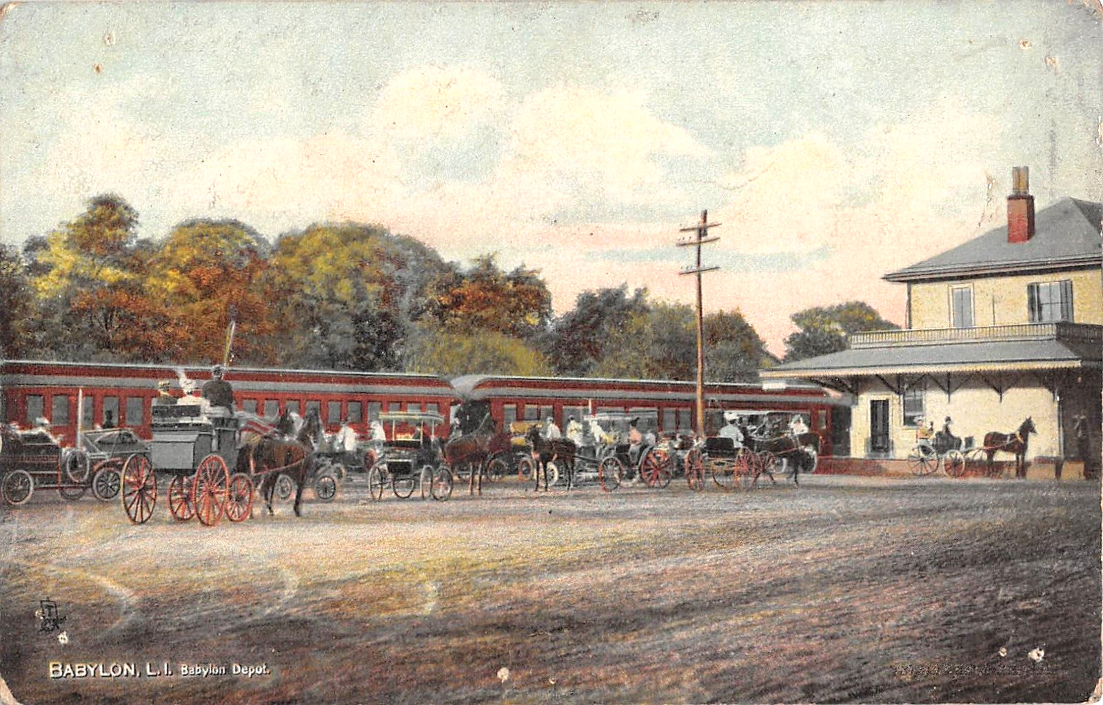 c.1910 Train at RR Depot Babylon LI NY post card as is Tuck