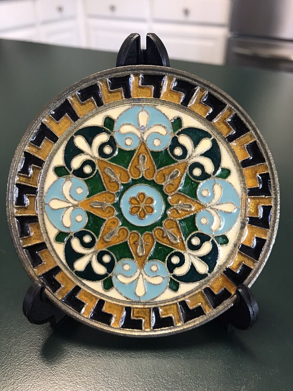 Vintage Byzantine Mosaic Mini Plate w/Stand Enamel Work On Solid Brass Greece