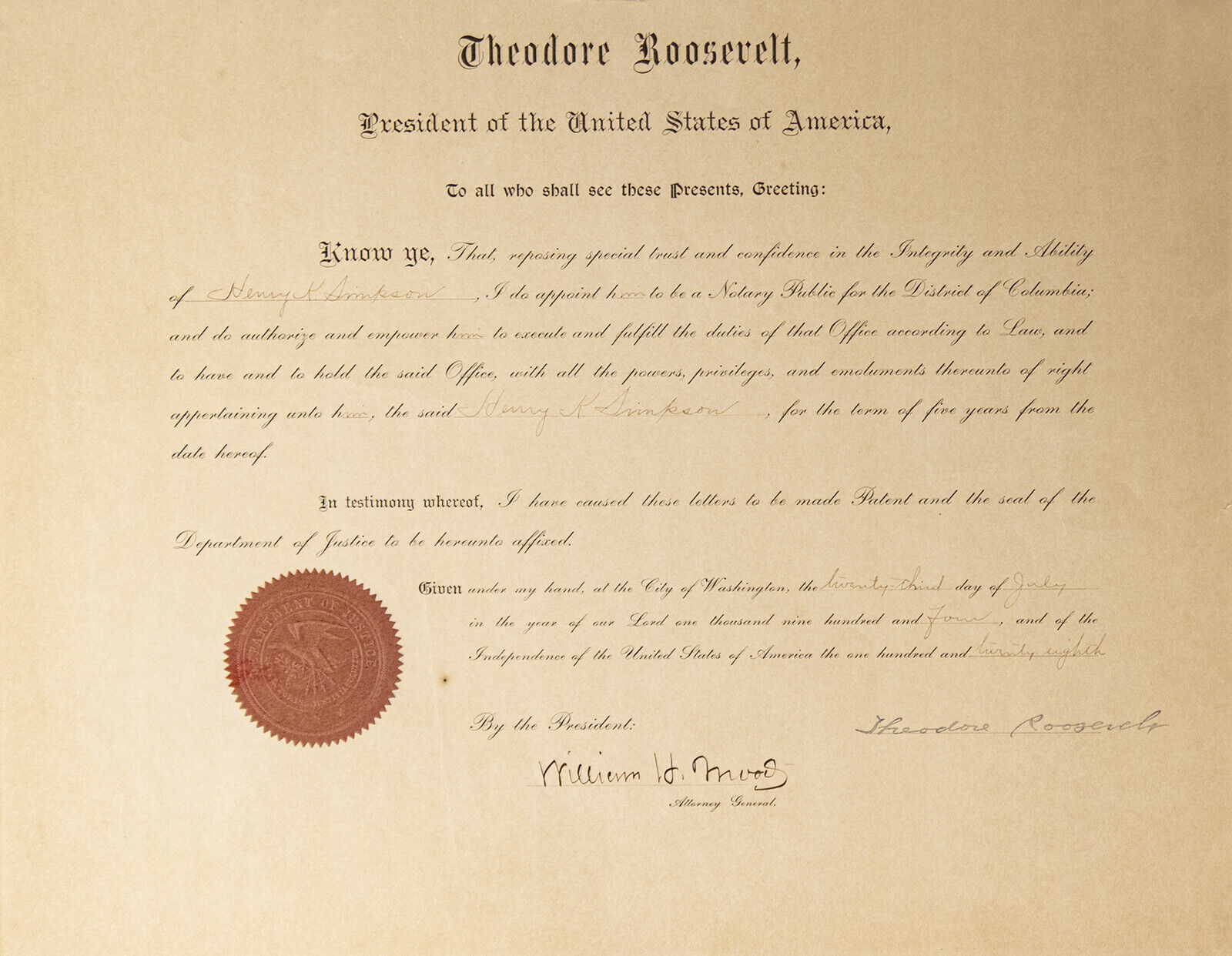 THEODORE ROOSEVELT - CIVIL APPOINTMENT SIGNED 07/23/1904 WITH CO-SIGNERS