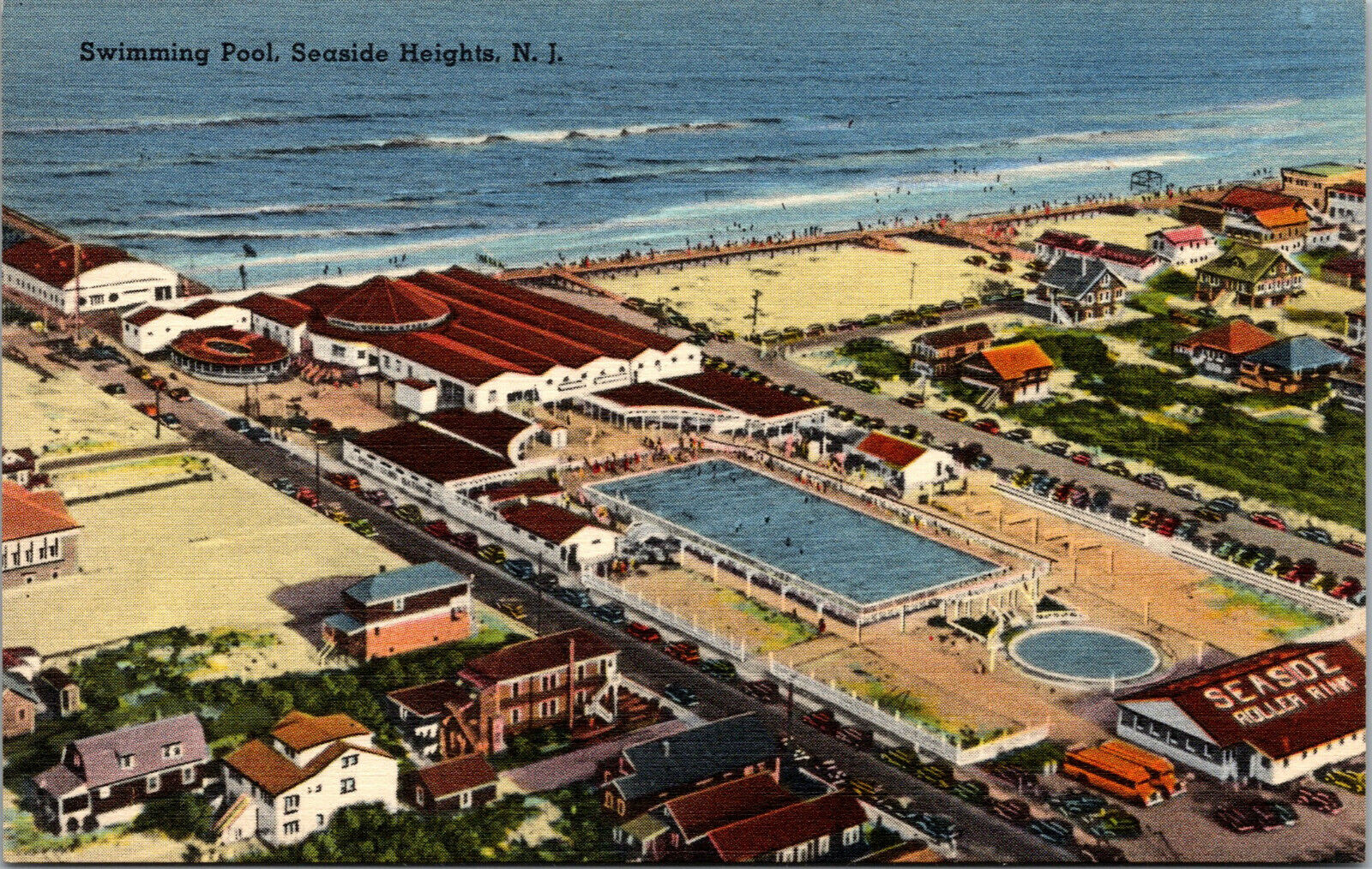 Vtg 1930s Swimming Pool Aerial View Seaside Heights New Jersey NJ Linen Postcard