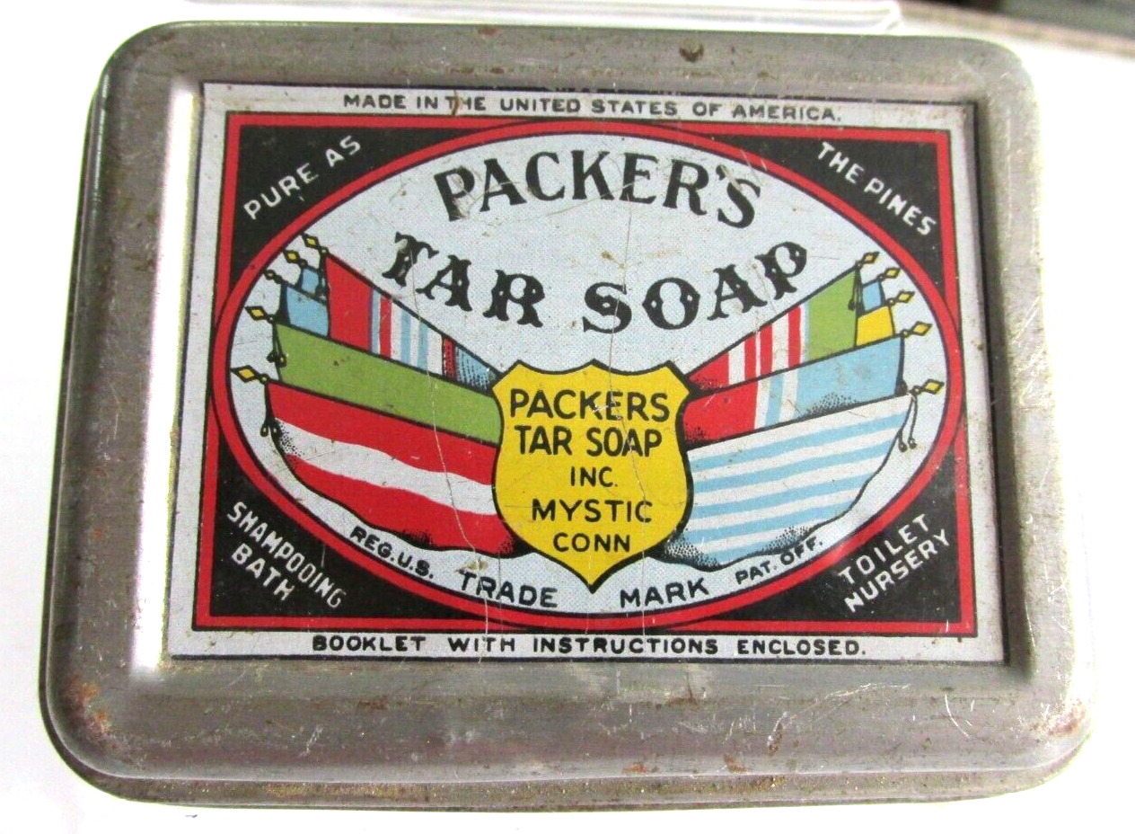 Vintage PACKER\'S TAR SOAP Tin Box, Mystic Connecticut, Ct.  Has Paper inside