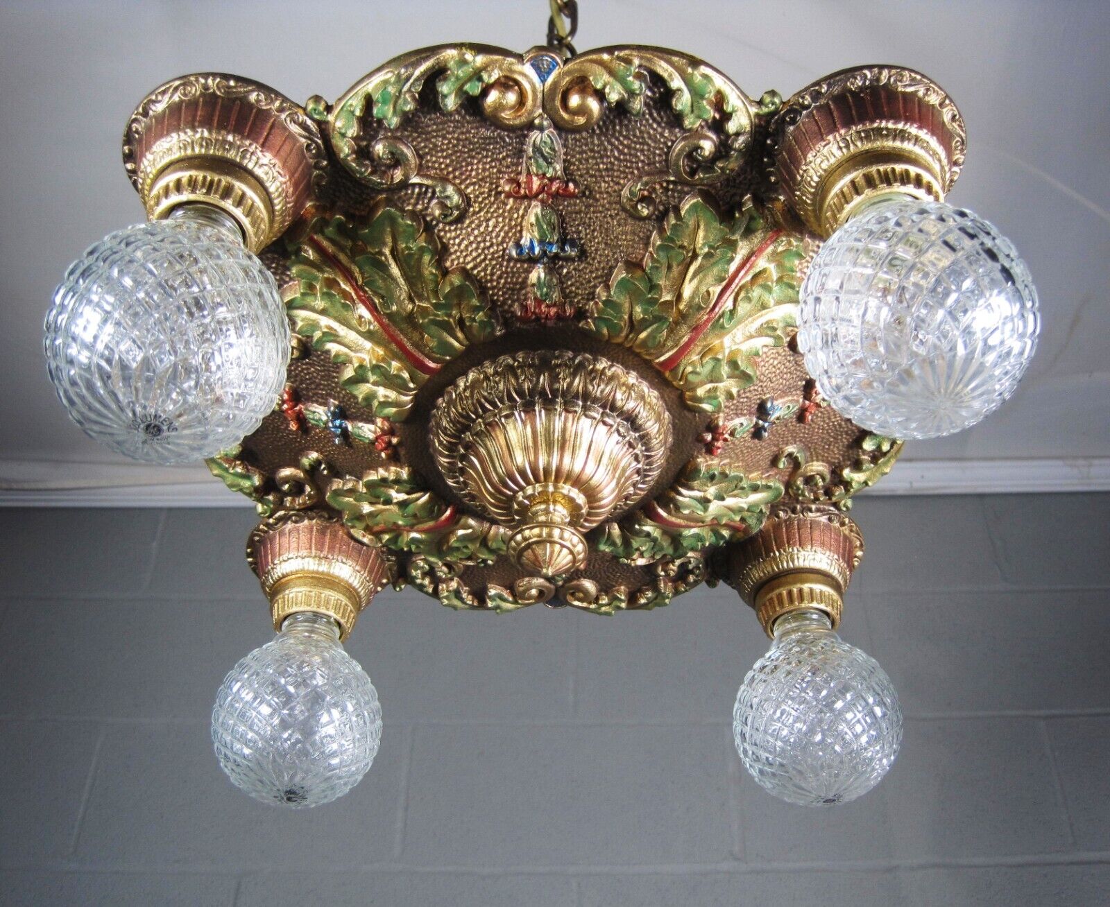 Chandelier Antique Restored Rewired 1920`s Polychrome Finishes