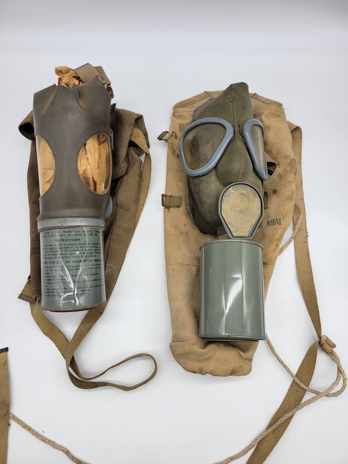 Vintage US Training Gas Mask M1A1 & Noncombatant Gas Mask M1A2-14 Medium