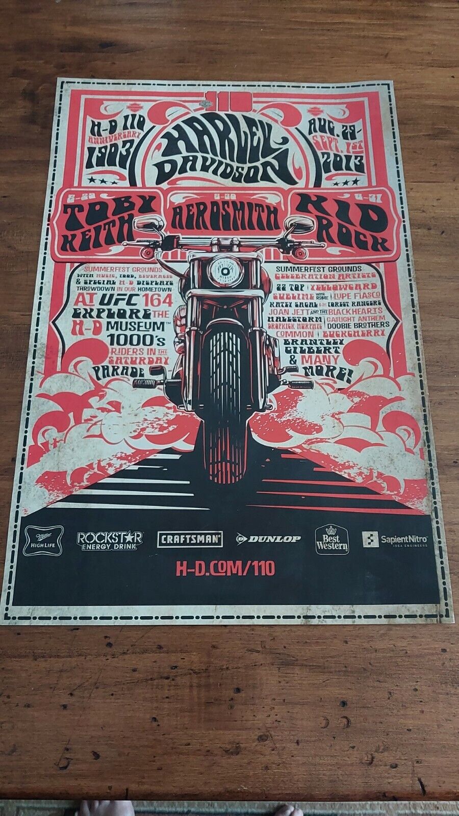 2013 Harley 110th Anniversary Line-Up poster (Red) Toby Keith/Aerosmith/Kid Rock