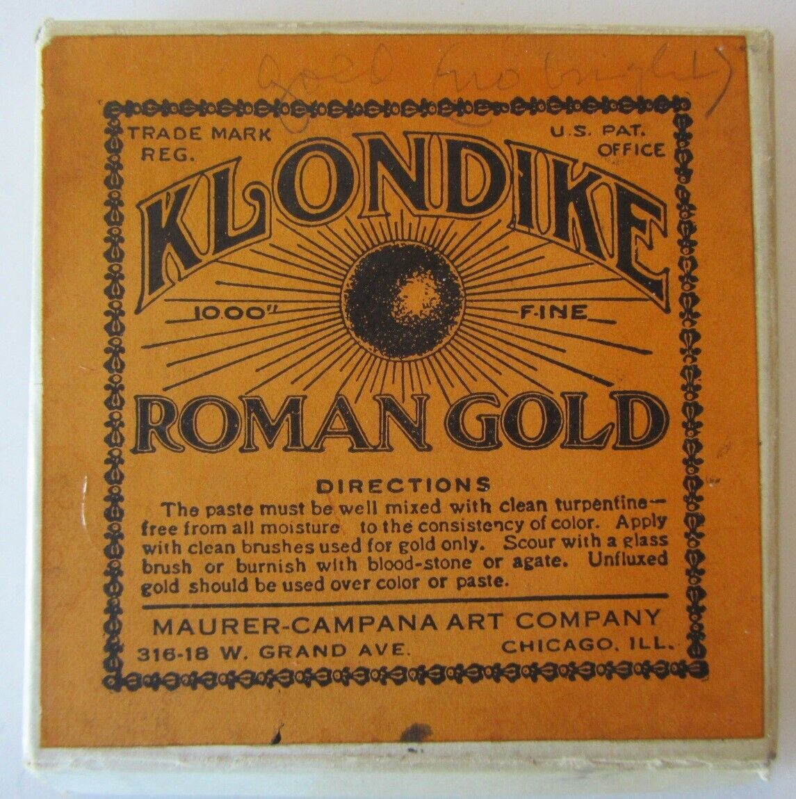 1920s Vtg Klondike Roman Gold Leaf Maurer Campana Art Co Powder Paint Box EMPTY