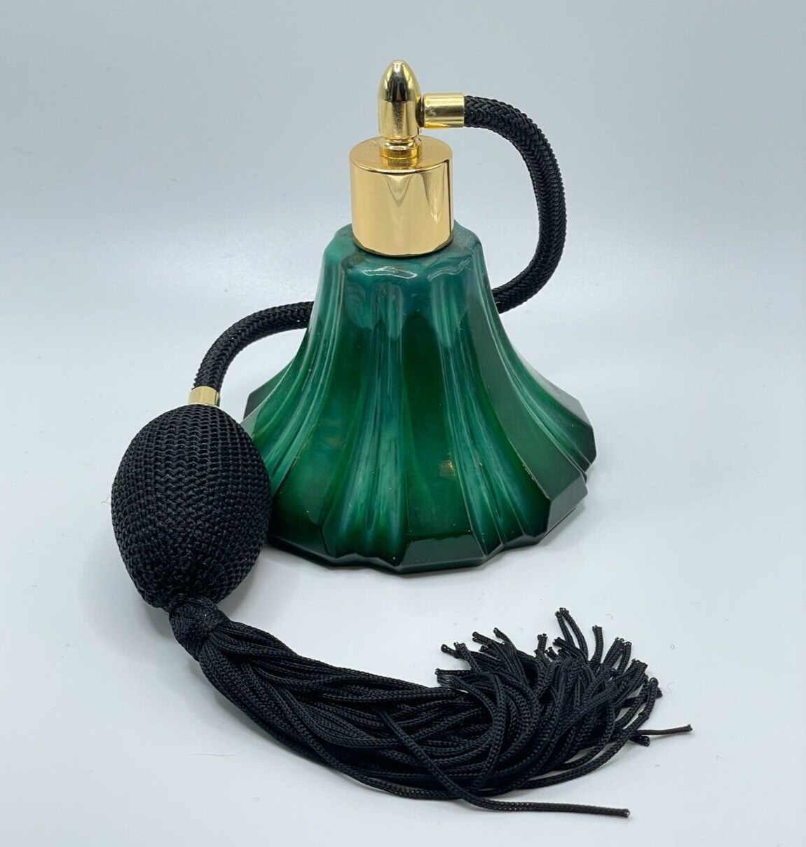 VTG Czech Bohemian Art Deco Malachite Art Glass Perfume Atomizer Bottle