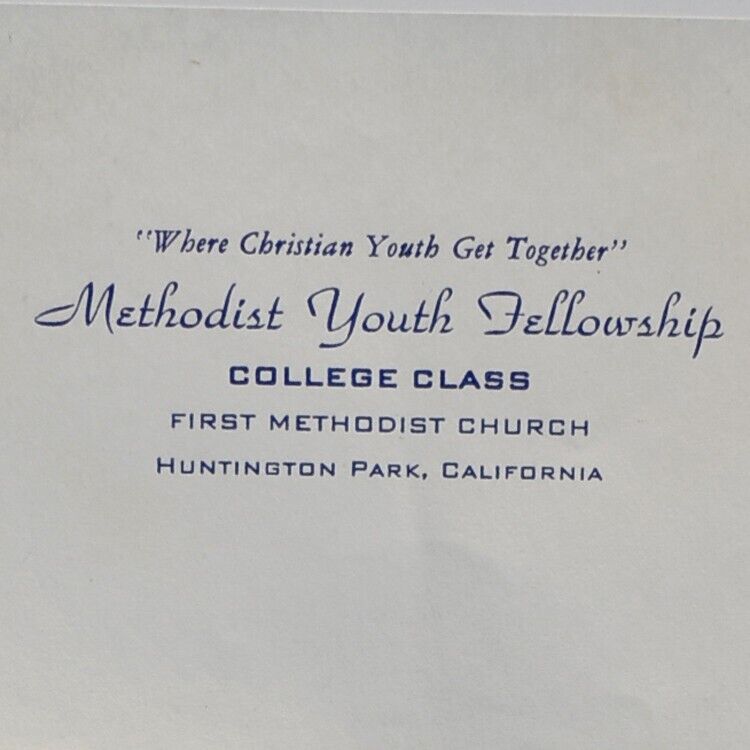 1949 Youth Fellowship First Methodist Church Invitation Letter Huntington Park