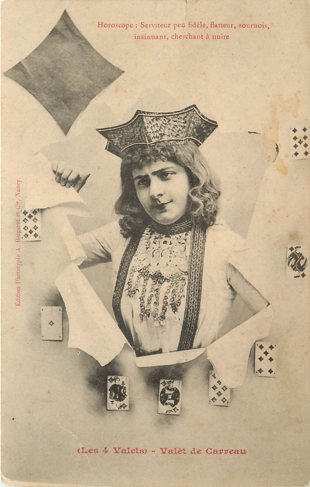 c1903 French Postcard Playing Card Les 4 Valets Jack of Diamonds & Horoscope