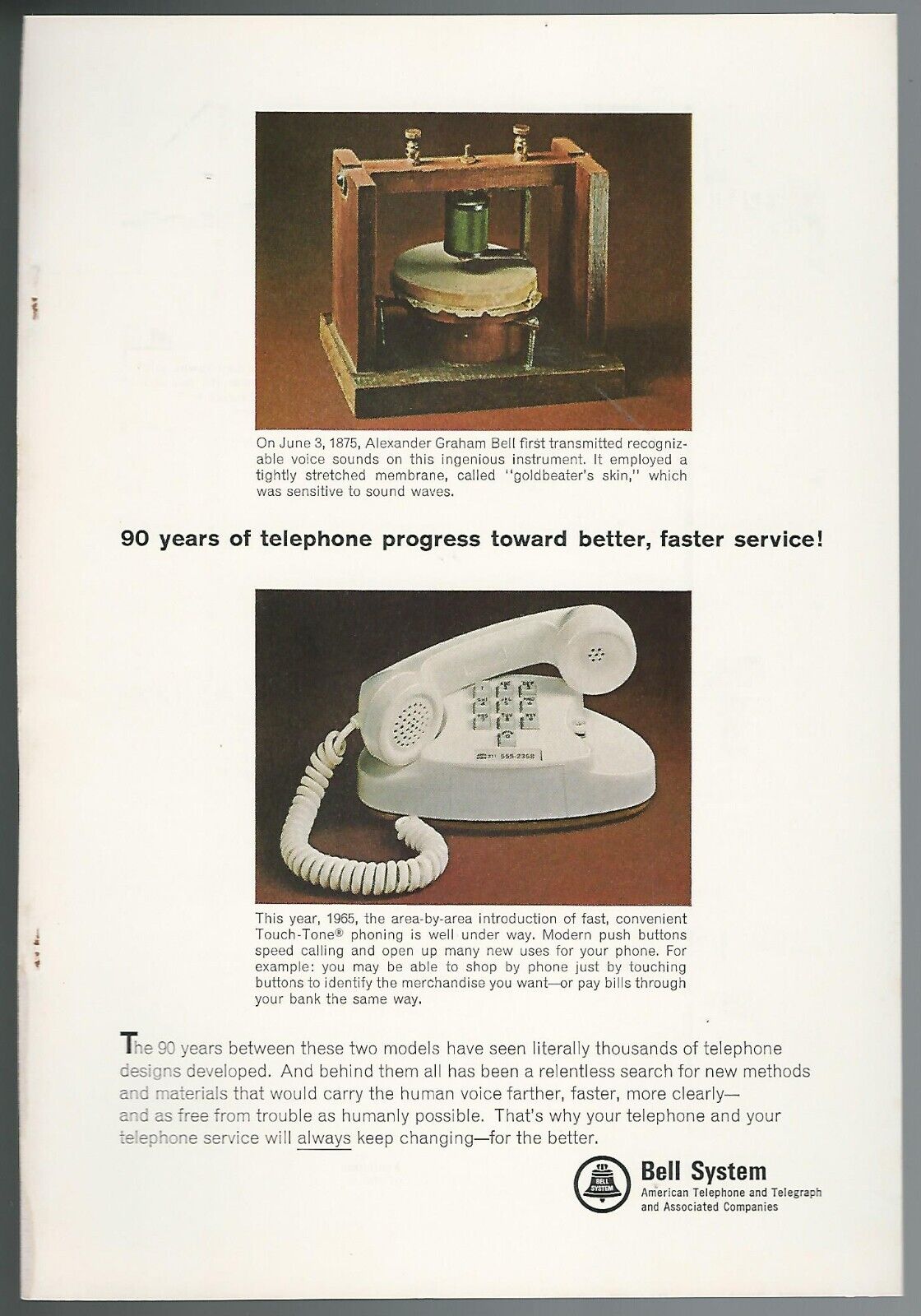 1965 BELL TELEPHONE advertisement, 1875 transmitter & Princess Phone, print ad