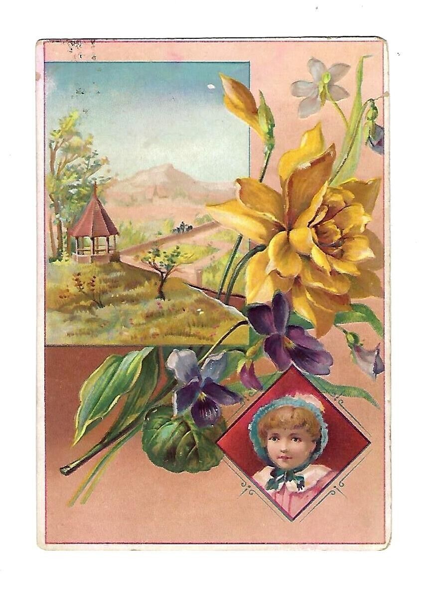 c1880\'s Trade Card, Teacher Card, Embossed Victorian Girl Yellow Flower
