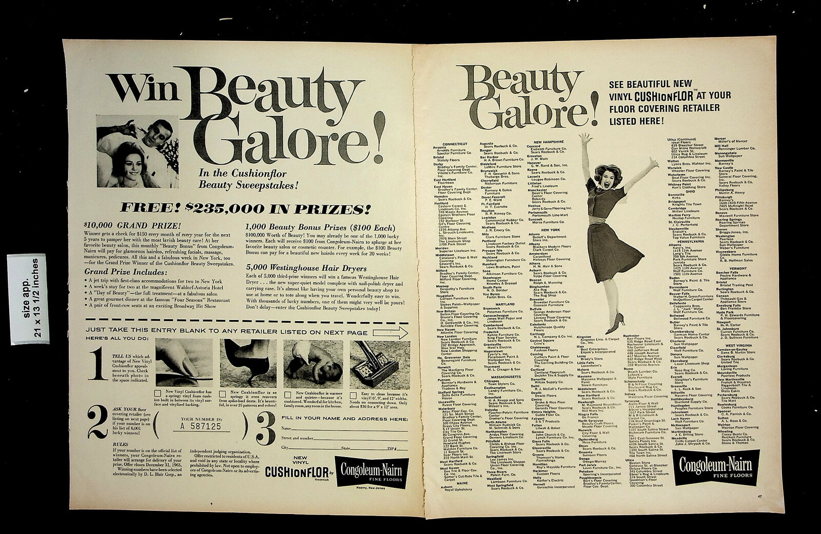 1963 Congoleum-Nairn Beauty Galore Sweepstake Cushionflor Vintage Print Ad 23728