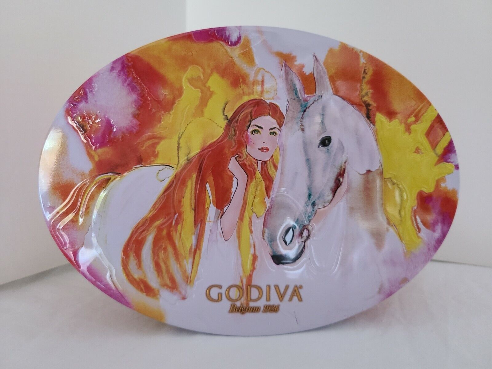 Godiva Chocolatier Lady Godiva On Horse empty collectable tin container.