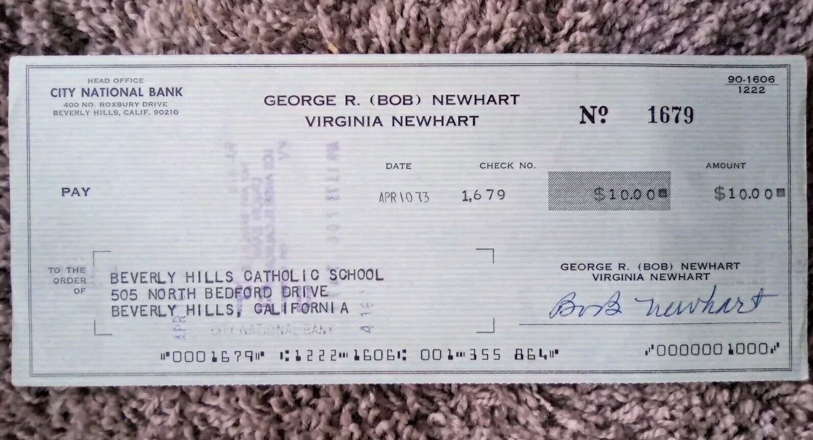Bob Newhart signed bank check Authentic